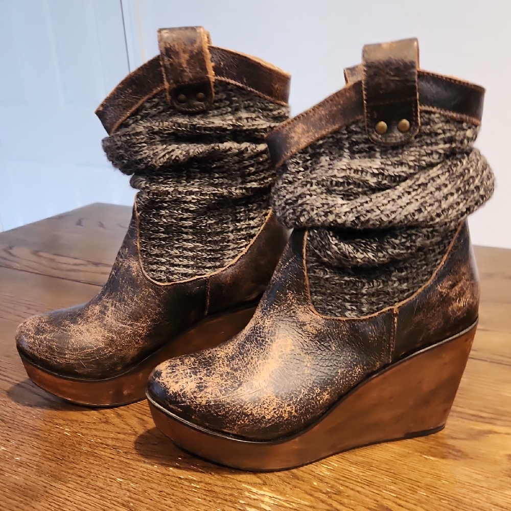 Women's Bed Stu Distressed Brown Wedge Boots with Knit Cuff